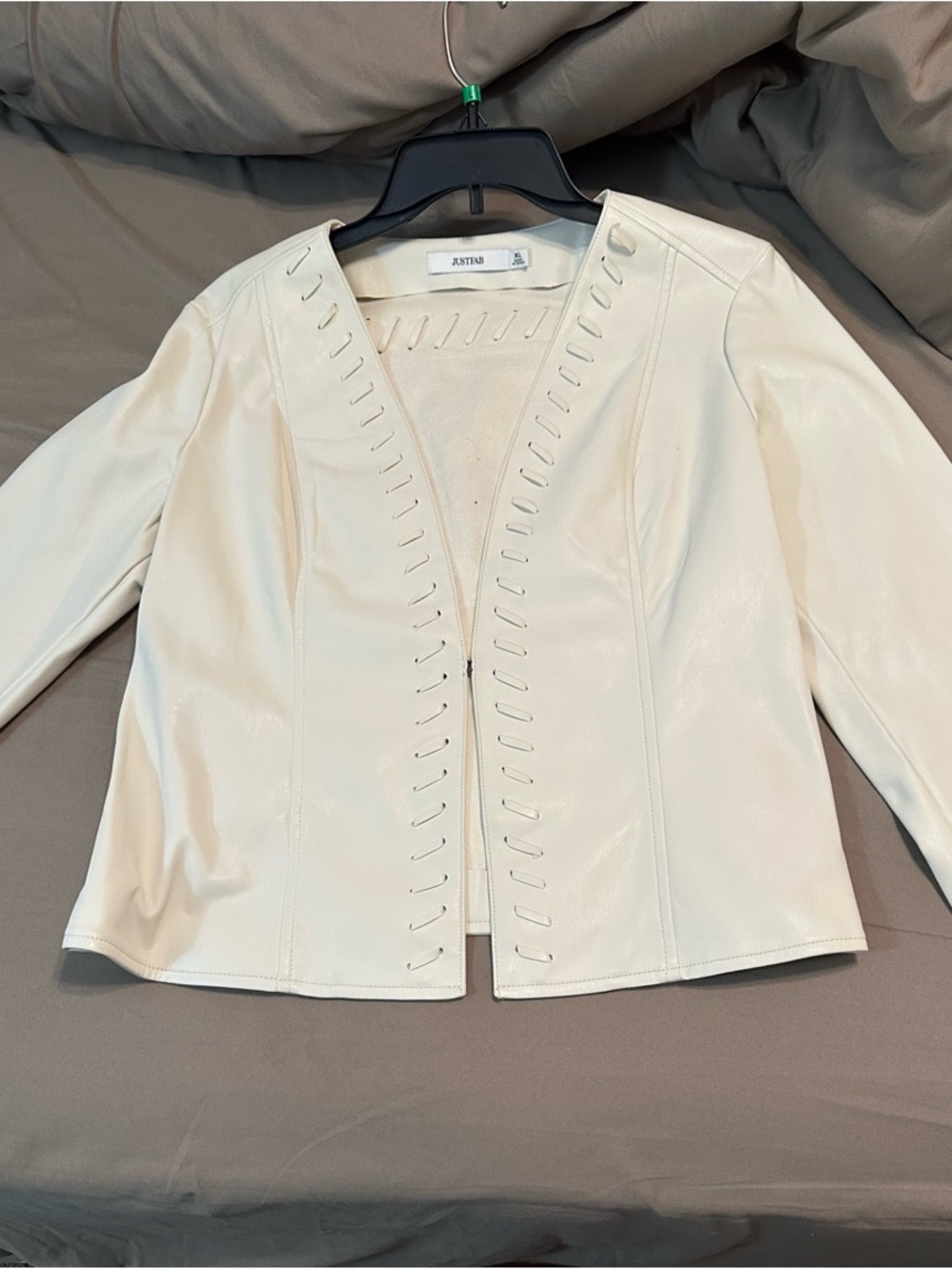 JustFab Ivory Open-Front Leather Jacket
